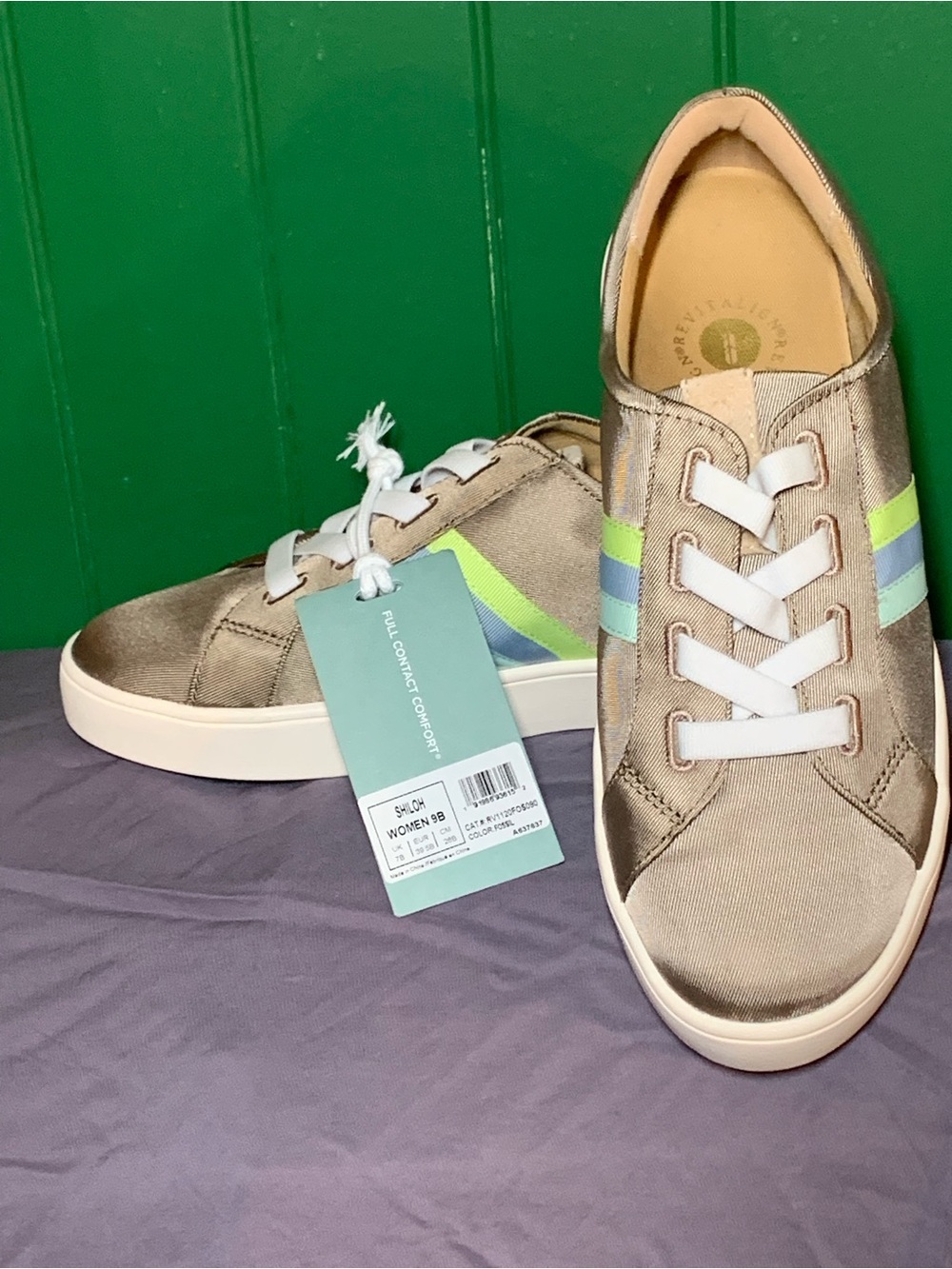 REVITALIGN Metallic Taupe Sneakers with Lime and Light Blue Stripes